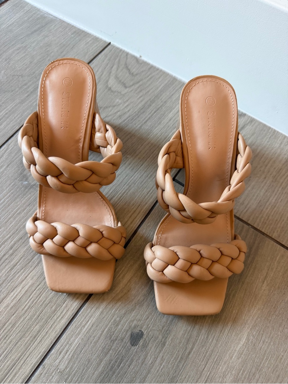 Braided Strap Block Heel Slides in Tan